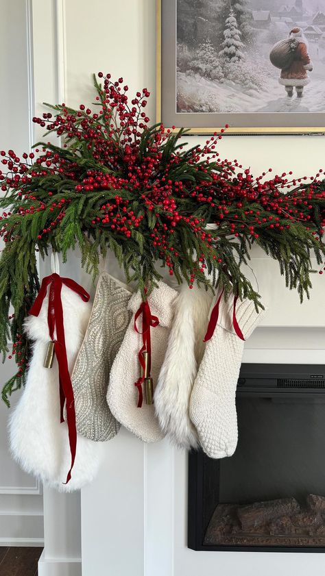 Instagram Christmas Decor Pops Of Red, Frosted Berry Christmas Tree, Mulberry Christmas Decor, Christmas Tree Cranberry Garland, Pop Of Red Christmas Decor, Christmas Tree Berries Decorating Ideas, Red And Neutral Christmas Decor, Diy Red Berries Christmas Decor, Red Brown Christmas Decor