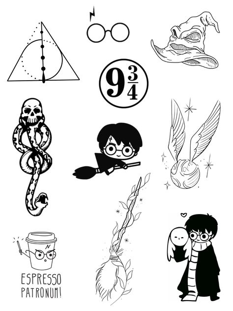 Harry Potter Tattoos Flash, Harry Potter Simple Drawings, Harry Potter Outline, Simple Harry Potter Tattoo, Tatuajes Harry Potter, Harry Potter Bujo, Dibujos Harry Potter, Harry Potter Flash Tattoo, Harry Potter Flash