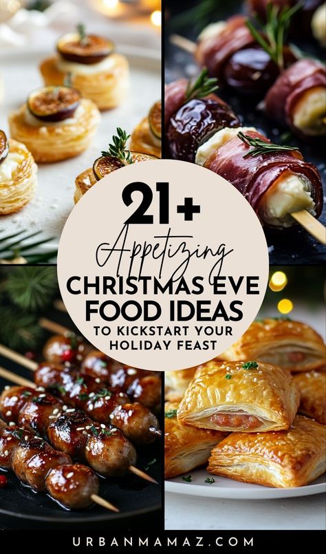 Looking for appetizing Christmas eve food ideas to kickstart your holiday feast? Check out these 21+ mouthwatering Christmas eve appetizers that are perfect for sharing and snacking! Christmas Appy Night, Good Christmas Eve Dinner Ideas, Newyears Appetizers Appetizer Ideas, Christmas Menu Appetizers, What To Make For Christmas Eve Dinner, Appetizer Christmas Eve, Christmas Eve Cocktail Party Food, Easy Keto Christmas Appetizers, Appetizers For Christmas Eve Party