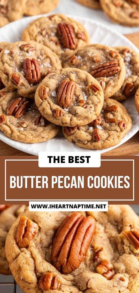 These soft and chewy butter pecan cookies have the delicious flavor combination of brown sugary goodness and nutty toasted pecans and are ready in 30 minutes! Brown Sugar Pecan Cookies Recipe, Oatmeal Pecan Cookies Recipes, Taffy Bakery Butter Pecan Cookies, Buttered Pecan Cookies, Butter Pecan Recipes, Southern Butter Pecan Cookies, Easy Butter Pecan Cookies, Butter Pecan Toffee Cookies, Pecan Toffee Cookies