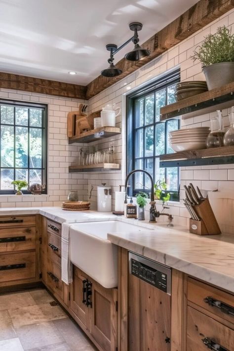 10 Walnut Kitchen Cabinets Inspiration Designs You Will Love! - My Decor Inspo Kitchen Ideas With Stained Cabinets, Rustic Walnut Kitchen Cabinets, Wood Cabinet Kitchens, Walnut Stained Kitchen Cabinets, Stove Between Two Windows, White And Brown Kitchen Cabinets, Kitchen Design Wood Cabinets, Walnut Kitchen Cabinets Color Schemes, Farmhouse Kitchen Wood Cabinets