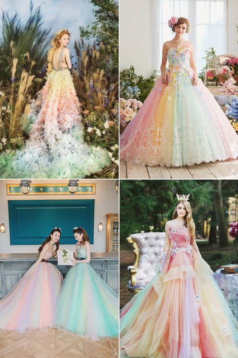 Spring is in the air, and with the joyful season comes refreshing color combinations! When dreamy colors work together to create something unexpected, the romance level is just too hard to resist. Get ready to fall in love with these jaw-droppingly beautiful colored gowns below that demonstrate a perfect fusion of whimsy, romance, and elegance! … Spring Color Combos, Rainbow Wedding Dress, Ombre Wedding Dress, Ombre Wedding, Rainbow Wedding, Fantasy Gowns, Rainbow Dress, Pastel Wedding, Spring Color