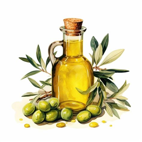 Premium AI Image | olive oil and olives with leaves on a white background generative ai Olive Oil Painting, Olive Oil Drawing, Olive Oil Aesthetic, Olives Painting, Olive Painting, Olive Oil Image, Olive Art, Oil Drawing, Kitchen Wall Art Printables