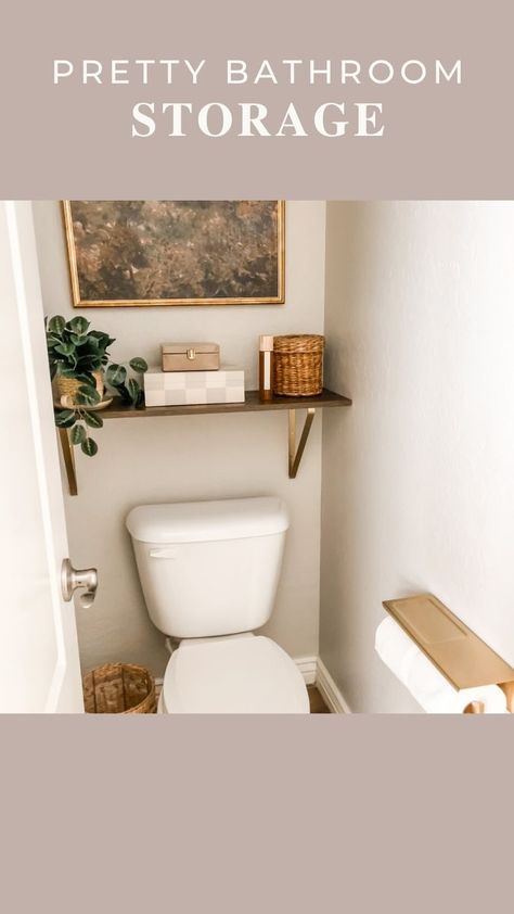 Adding a shelf behind my toilet gave me a place to stash feminine products and other toiletries so they’re easy to grab and easy to conceal. (The purple, green, and orange product packaging wasn’t really the vibe I was going for, know what I mean?!) 😉 I don’t think EVERY piece of decor needs a functional purpose, but when it does, it’s even better! 🙌🏻 #watercloset #bathroominspiration #bathroomideas #bathroomorganization | Somewhat Simple | Booker T. · Green Onions Shelves Behind Toilet, Water Closet Makeover, Water Closet Decor, Half Bathroom Decor Ideas, Bathroom Cleaning Tips, Toilet Closet, Shelves Above Toilet, Half Bathroom Decor, Shelves Over Toilet