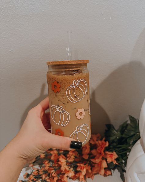 Shop all the cute fall + spooky cups in my shops✨🍂🎃🍁👻 #etsyshop #etsyseller #girlythings #girlthings #fall #fallstyle #spookyvibes #cutecups #coffeemugs #smallbusinessowner #mompreneur #fypage #trendy Glass Coffee Cup Design, Boho Pumpkin, Coffee Cup Design, Glass Coffee Cups, Iced Coffee Cup, Glass Straws, Cute Cups, Cup Design, Permanent Vinyl