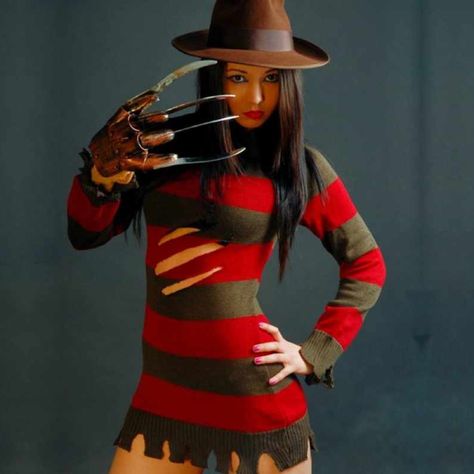 Sexy Freddy Krueger Costume Check more at https://costumerocket.com/sexy-freddy-krueger-costume/ Fantasia Freddy Krueger, Freddy Krueger Costume Women, Freddy Costume, Freddy Krueger Costume, Funny Couple Costumes, Hot Costume, Black Halloween Dress, Funny Couple, Halloween Fancy Dress