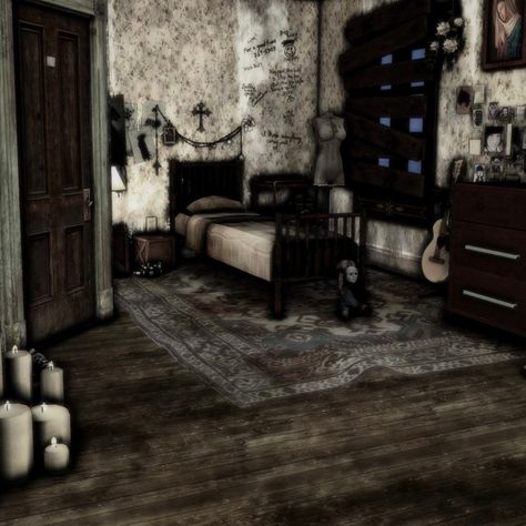 withered bedroom ♱ | Patreon Alt Bedroom, Alternative Bedroom, Alt Room, Sims 4 Cas Background, Vampire House, Sims 4 Beds, Horror Room, Grunge Bedroom, Southern Furniture