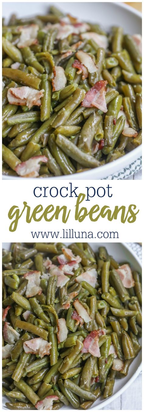 Crock Pot Green Beans - just a few ingredients make the yummiest green beans ever! We love this delicious side dish recipe. Garden Green Beans In Crockpot, Easy Crockpot Green Beans, Old Fashioned Green Beans, Slow Cooker Green Bean Recipes, Beans In The Crock Pot, Crock Pot Green Beans, Crockpot Vegetable, Crockpot Green Beans, Slow Cooker Green Beans