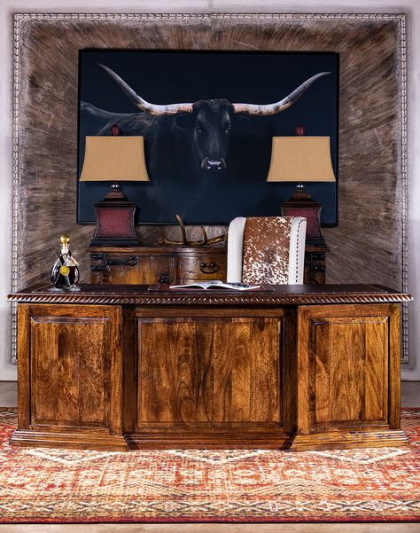 Elevate your Western-themed office with our King R Western Office Desk, Western Desk, Western Office Decor, Western Office, Adobe Interior, Western Interior, Keyboard Drawer, Leather Inlay, Rustic Office