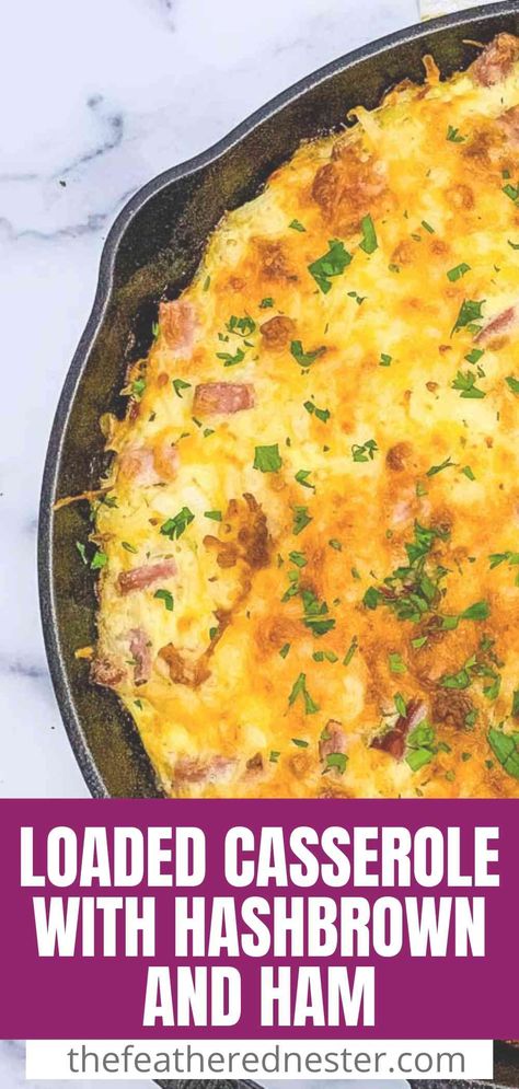 Ham and Hash Brown Casserole from The Feathered Nester. Kick off a festive day with this hearty and delicious ham and potato breakfast casserole! Fresh or frozen shredded hash browns are combined with eggs, cheese, ham, and sour cream for a rich and comforting dish (without soup!). Add more cheese and bake and you've got a no-fail breakfast or brunch winner. The hash brown and egg casserole can even be made ahead as an easy overnight recipe! - The Feathered Nester Egg Bake Casserole With Hashbrowns And Ham, Ham And Egg Breakfast Casserole Potatoes, Shredded Hashbrown Breakfast Casserole Ham, Hashbrown Casserole No Cheese, Ham And Potato Egg Bake, Egg Casserole Recipes With Hashbrowns And Ham, Breakfast Casserole That Can Be Frozen, Breakfast Casserole With Ham And Hashbrowns, Ham And Shredded Hashbrown Casserole