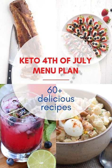 Titled Image: Keto 4th of July Menu Plan with 60+ Delicious Recipe. A collage of recipes in behind the title Keto Menu Plan, Keto Creamed Spinach, 4th Of July Food, Grilled Vegetable Salads, The Best Keto Recipes, Keto Holiday Recipes, Keto Meal Plans, Berry Parfait, Keto Holiday