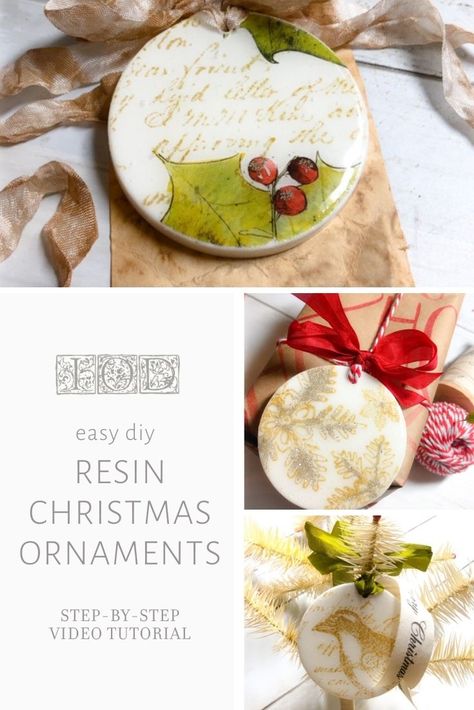 Learn how to DIY vintage, resin Christmas ornaments in silicone molds. Perfect as a handmade holiday gift for teachers and friends or use them to decorate your own Christmas tree. You can even personalize these DIY ornaments! This is a great resin craft project for beginners or resin art to sell using IOD stamps and IOD transfers. Diy Epoxy Resin Christmas Ornaments, Resin Tree Ornaments, Wood And Resin Christmas Ornaments, Christmas Resin Crafts Ideas, How To Make Resin Christmas Ornaments, Resin Xmas Decorations, Resin Crafts Christmas Gift Ideas, Christmas Resin Coasters Diy, Diy Christmas Resin Crafts