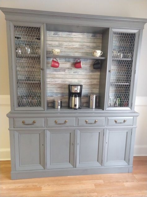 Coffee Bar Made From Old China Cabinet, China Cabinet Refurbished, China Cabinet To Coffee Bar, China Cabinet Bar Makeover, Redone China Cabinet, Refurbished China Hutch, China Cabinet Coffee Bar, Painted China Cabinet Ideas, Diy China Cabinet