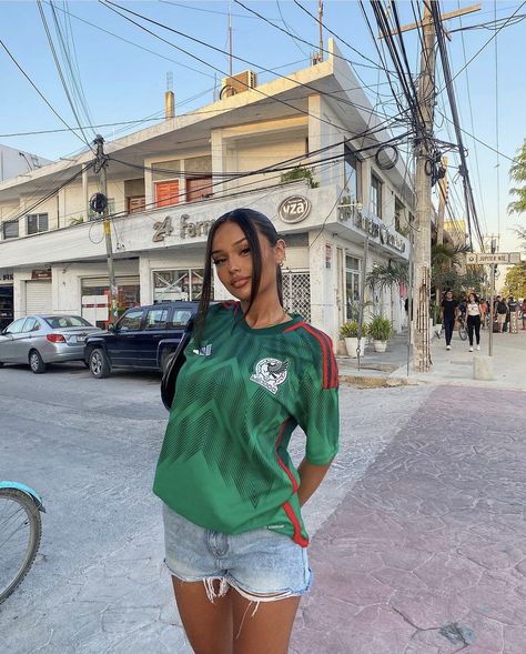 Chivas Jersey Outfit Women, Mexico Game Outfit Women, Mexico Game Outfit, Jersey And Shorts Outfit Women, Mexico Soccer Game Outfit Women, Mexico Shirt Outfit, Spain Jersey Outfit, Mexico Soccer Jersey Outfit Women, Mexican Jersey Outfit