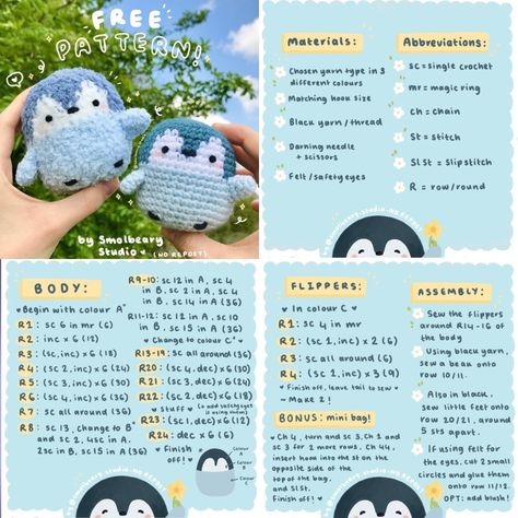 Crochet Penguin, Crochet Tutorial Pattern, Easy Crochet Animals, Quick Crochet Patterns, Crochet Keychain Pattern, Mode Crochet, Pola Amigurumi, Crochet Animals Free Patterns, Crochet Design Pattern