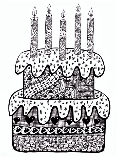 Cake Mandala Art, Zentangle Birthday Cake, Birthday Mandala Art, Birthday Cake Sketch, Birthday Zentangle, Cute Cake Drawing, Diaries Ideas, Candle Doodle, Mandala Cake