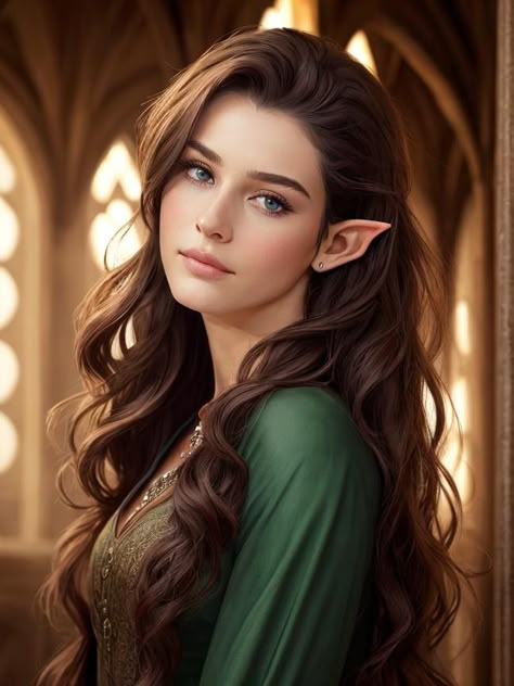 AI Mirror Brown Haired Elf Female, Fae Character Inspiration, Brunette Elf Female, High Elf Female Noble, Female Elf Warrior, Weiblicher Elf, Elf Woman, Elven Woman, Elf Princess