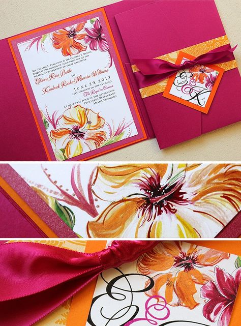 Hibiscus Wedding, Fuschia Wedding, Yellow Wedding Invitations, Tropical Wedding Theme, Wedding Themes Summer, Fiesta Tropical, Tropical Wedding Invitations, Invitation Maker, Handmade Wedding Invitations