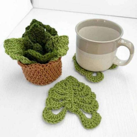 Monstera Stacking Coasters Crochet Pattern – Crochet Coaster Set Crochet, Crochet Cup Coaster, Leaf Coaster, Coaster Projects, Crochet Succulent, Crochet Chicken, Crochet Turtle, Crochet Plant, Crochet Leaves