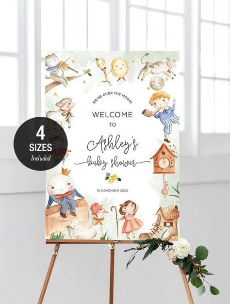 Book Nursery Rhyme Baby Shower Welcome Sign, Party Board, Birthday Poster, Editable Template Instant Download 18x24, 24x36, A2 & A1 NRHY01 - Etsy Storybook Baby Shower Theme, Book Nursery, Nursery Rhyme Characters, Nursery Rhyme Theme, Storybook Theme, Storybook Baby Shower, Classic Nursery Rhymes, Shower Welcome Sign, Baby Shower Welcome Sign