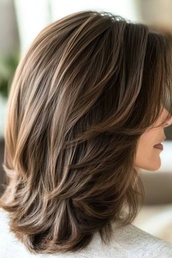 Save this pin for the best medium-length layered haircuts for older women. Each layer of this long bob adds subtle volume, giving your hair a beautiful shape that’s easy to manage. The feathered layers add texture, making the style look full and lifted. Layered Haircuts For Medium Hair Back View, Medium Length Hair With A Lot Of Layers, Thick Shoulder Length Hairstyles, Medium Length Haircut For Fine Hair Straight Layers, U Shape Layered Haircut, Wash And Go Medium Length Hairstyles, Full Layered Haircuts, Medium Length Haircut With Long Layers, Layered Bob Medium