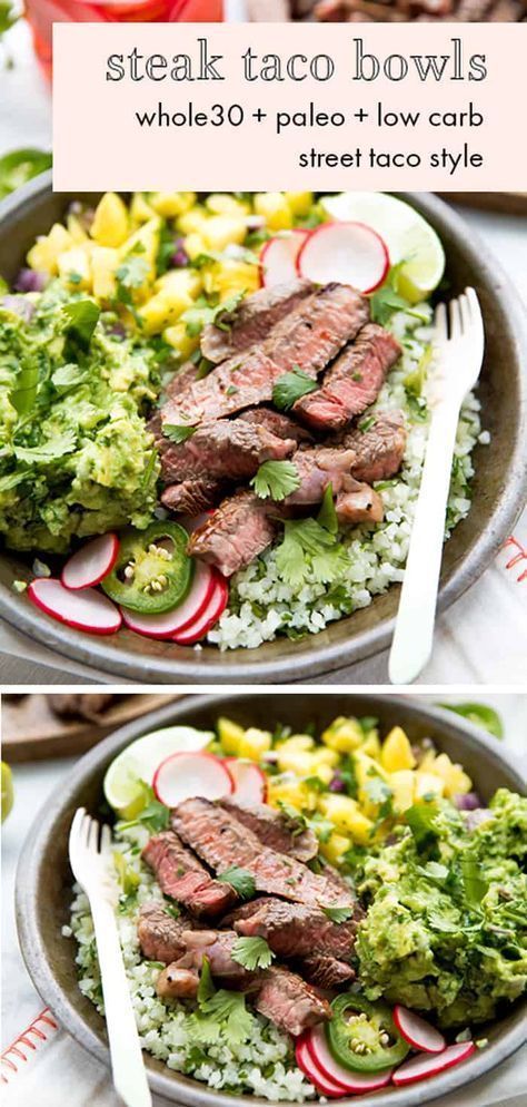 Steak Taco Bowls, Steak Taco, Paleo Menu, Cilantro Lime Cauliflower Rice, Street Taco, Taco Bowl, Paleo Cookbook, Mexican Recipe, Whole30 Dinners