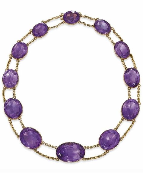 AN ANTIQUE AMETHYST CHOKER. Designed as a line of eleven graduated oval-shaped amethyst collets with similarly-set clasp to the double-row chain connecting links, mounted in gold, circa 1870. #antique #Victorian #choker Amethyst Choker, Amethyst Jewellery, Choker Designs, Latest Jewellery Trends, Trends Magazine, Purple Gems, Stone Choker, Purple Jewelry, Necklace Collection