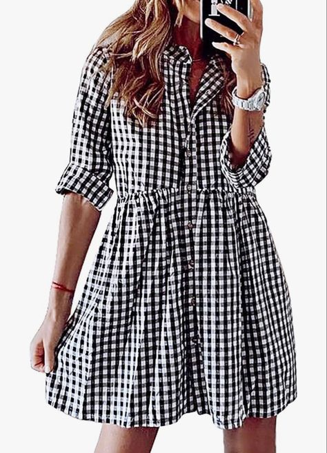 Gingham dress from Amazon! Affiliate Collar Shirt Dress, Tie Sleeve Dress, Stand Collar Shirt, Amazon Dresses, Flannel Dress, Collared Shirt Dress, Pleated Mini Dress, Plaid Dress Shirt, Women Tunic Tops