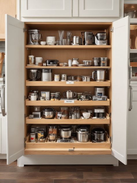 17 Kitchen Appliance Storage Ideas – The DIY Desire Countertop Appliance Storage, Kitchen Appliance Storage Ideas, Appliance Storage Ideas, Kitchen Appliances Organization, Hide Appliances, Sleek Kitchen Design, Appliance Storage, Kitchen Appliance Storage, Appliance Cabinet