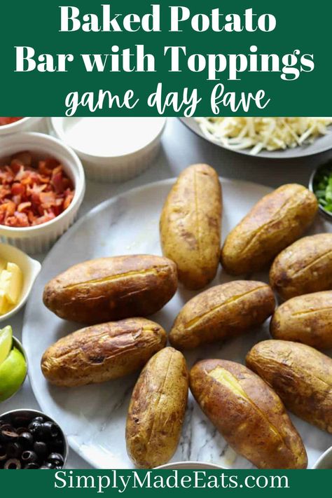 Baked potatoes with tons of toppings. Baked Potato Toppings Bar, Baked Potato Bar For A Crowd, Potato Bar Ideas Toppings, Potato Bar Ideas, Baked Potato Bar Toppings, Potato Bar Toppings, Dutch Oven Chili Recipe, Jack Potato, Dutch Oven Chili