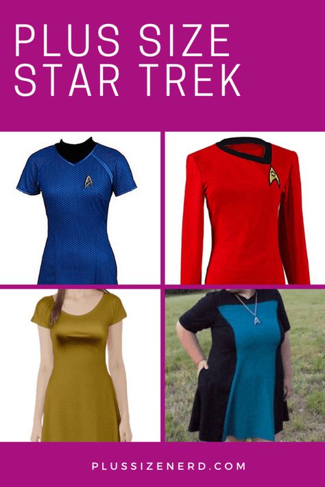 Plus size Star Trek dress choices for women. Different styles, different shows and a pants / shirt uniform option. #plussize #startrek #starktrekcosplay Star Trek Cosplay Female, Star Trek Costume Women, Plus Size Halloween Costume Ideas, Medieval Star Wars, Star Trek Dress, Star Wars Dresses, Dress For Plus Size Women, Dresses For Plus Size Women, Star Wars Dress