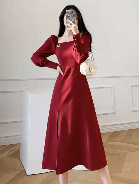 Dress Merah Maroon, Outfit Baju Merah, Floor-length Red Dress For Eid, Dress Merah Maroon Hijab, Korean Red Dress, Korean Red Dress Party, Dress With Jeans, Korean Fashion Women Dresses, Wedding Dress Tea Length