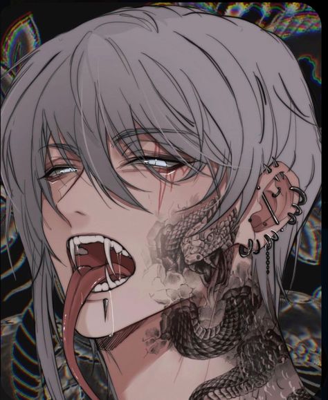 Snake Fangs, Grunge Piercings, Anime Snake, Anime Alien, Cool Anime Guys, Character Design Male, Anime Drawings Boy, Boy Art