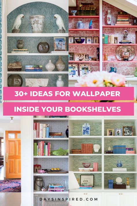 Gone are the days of plain, uninspired bookshelves. With the simple addition of wallpaper, these humble storage spaces can be elevated into stunning focal points that reflect your unique style and personality. From whimsical patterns to timeless elegance, the possibilities are endless.  In this post, I’ve compiled 30+ decor ideas for adding wallpaper to your bookshelf interiors. Built In Shelves Living Room Wallpaper, Peel And Stick Wallpaper Behind Shelves, Shelves With Wallpaper Background, Wallpaper Built In Shelves, Bookshelf With Wallpaper Backing, Library Wall Ideas, Wallpaper Behind Shelves, Shelves Makeover, Beige Shelves