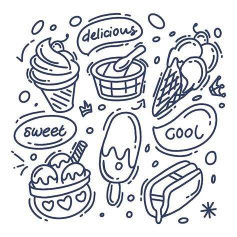 Hand drawn ice cream collection | Premium Vector #Freepik #vector Draw Ice Cream, Ice Cream Logo, Ice Cream Illustration, Doodle Art Designs, Hand Drawn Vector, Ice Cream Shop, Vector Hand, Retro Futurism, Cup Design