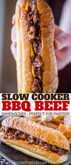 Slow Cooker BBQ Beef Sandwiches made with a chuck roast, bbq seasoning rub and barbecue sauce will feed a crowd without firing up the grill or the smoker! | #summer #bbq #beef #dinnerthendessert #sandwich #slowcooker #crockpot Chuck Roast Bbq, Slow Cooker Bbq Beef, Bbq Beef Sandwiches, Roast Beef Sandwich, Best Sandwich Recipes, Summer Sandwiches, Bbq Sandwich, Beef Sandwiches, Sandwich Bar