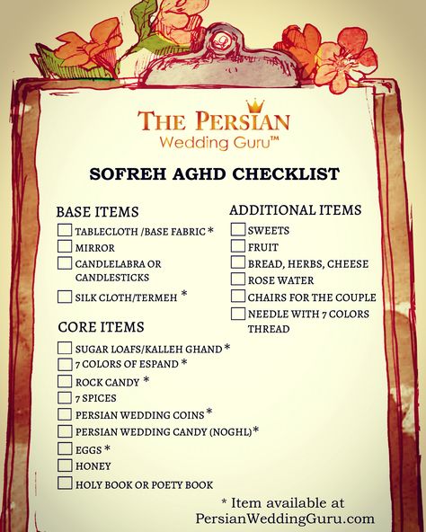 When I was planning my own Persian Wedding in 2008 as an American Bride I would have LOVED this list!! This is not all so straight forward for all the non-Persian brides like I was or those who don't know the customs so well. Every bride needs a checklist or two or fifty Nikkah Checklist, Persian Sofreh Aghd, Iranian Wedding Dress, Persian Weddings Sofreh Aghd, School Function, Iranian Wedding, Diy Wedding Makeup, Dj Photo, Dj Wedding