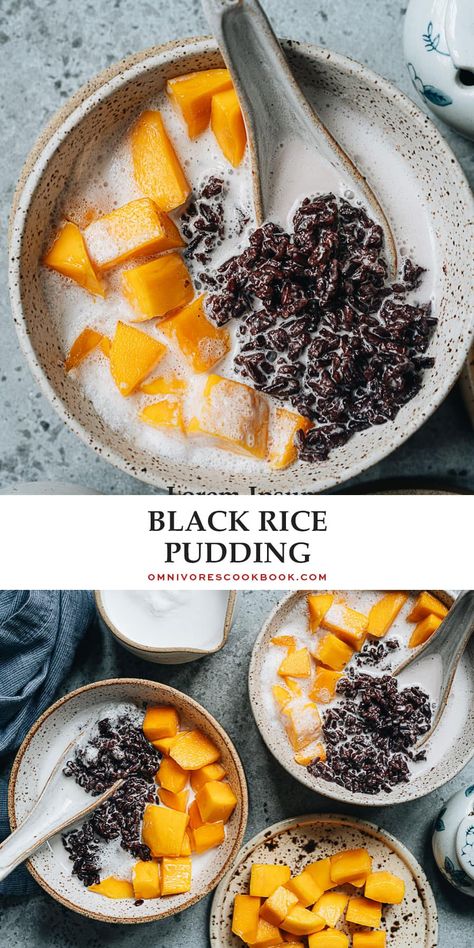 Black rice pudding is a healthy dessert made from ingredients you wouldn’t expect! Gooey rice soaked in sweetened coconut milk and paired with fresh summer fruit is a tantalizing treat that will refresh you on the hottest days! {Gluten-Free, Vegan} Rice Pudding With Coconut Milk, Vegan Rice Pudding, Black Rice Pudding, Coconut Rice Pudding, Rice Desserts, Coconut Slice, Black Rice, Coconut Rice, Dessert Shop