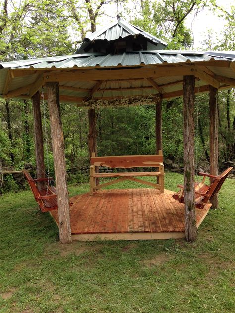 Tin Roof Gazebo Ideas, Rustic Gazebo Ideas, Gazebo With Swings, Rustic Gazebo Ideas Backyard, Tin Roof Gazebo, Rustic Gazebo, Cedar Gazebo, Hexagon Ideas, Hexagon Gazebo