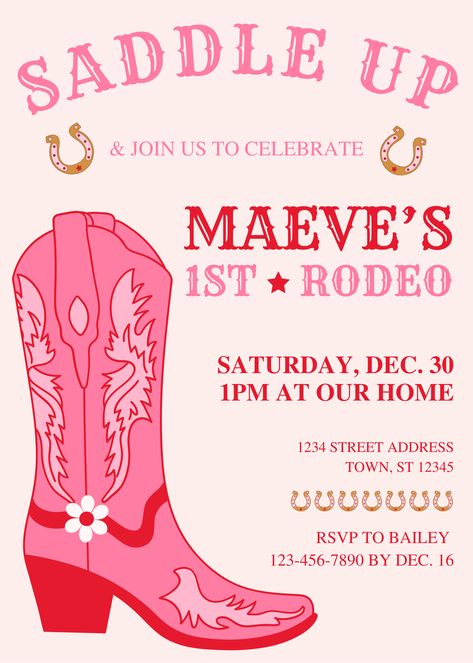 1st birthday, 'This is my first rodeo' themed invitation. Baby girl first birthday. 1st birthday party. 5x7 invitation. Western 1st Birthday Party Girl, Not My First Rodeo, Baby Girl First Rodeo Birthday, My 1st Rodeo Birthday Party Girl, 1st Rodeo Birthday Party Girl, First Rodeo Birthday Party Girl, Western Baby Girls, Cow Birthday Parties, Rodeo Birthday Parties