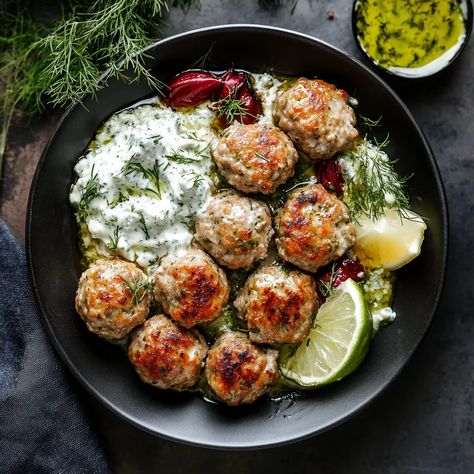 Greek Turkey Meatballs | Delicious Tzatziki Sauce Turkey Meatball Mediterranean Bowl, Meatball Mediterranean, Meatballs With Tzatziki Sauce, Mediterranean Bowl, Greek Turkey Meatballs, Greek Turkey, Mediterranean Bowls, Savory Meatballs, Affordable Meals