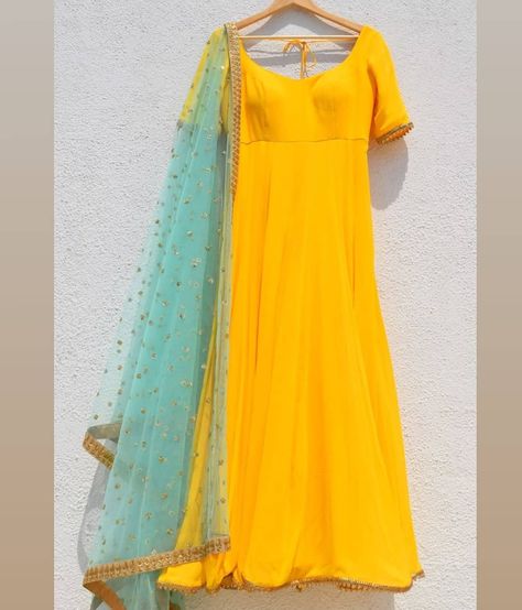 Pure Georgette bumblebee yellow anarkali with turquoise blue net (sequin handworked dupatta enhanced with lace). . Best quality material… Anarkali Wedding, Yellow Anarkali Suits, Dresses Kurti, Gown Saree, Yellow Anarkali, Yellow Color Combinations, Designer Anarkali Dresses, Kurti Style, Haldi Outfit