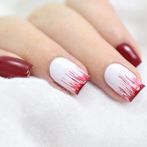 39 Cool And Easy Halloween Nail Ideas French Manicure Tutorial, Fun Halloween Nails, Red And White Nails, Halloween Nails Diy, Holloween Nails, Halloween Nails Easy, Toe Nail Color, Cute Halloween Nails, Makijaż Smokey Eye