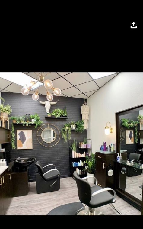 Black Wall In Salon, Salon Loft Ideas Small Spaces, Salon Suite Interior Design Ideas, Black Walls Salon, Single Chair Salon Ideas, Small Salon Set Up Ideas, Dark Salon Suite, Black Salon Decor, Garage Hair Salon