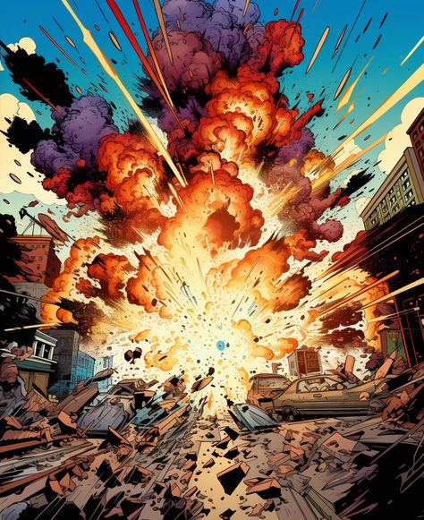 Comic Fire Drawing, How To Draw Explosions Manga, Explosion Comic Art, Explosion Art Reference, Explosion Effect Drawing, Comic Explosion Illustration, Building Explosion Drawing, Anime Explosion Drawing, How To Draw An Explosion