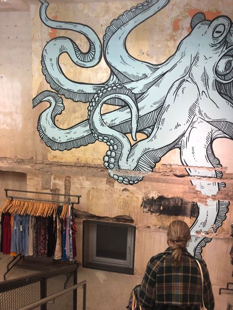 Cool Murals For Bedrooms, Octopus Wall Mural, Kraken Mural, Kracken Drawings, Octopus Mural, Outdoor Mural Ideas, Tentacle Art, Stair Art, Koi Painting