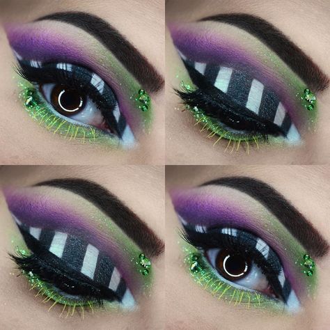 beetlejuice... beetlejuice...                              …                                                                                                                                                                                 Más Maquillage Harry Potter, Halloween Eyeshadow, Beetlejuice Makeup, Beetlejuice Costume, Maquillage Yeux Cut Crease, Beetlejuice Halloween, Halloween Eye Makeup, Beetlejuice Beetlejuice, Halloween Makeup Inspiration