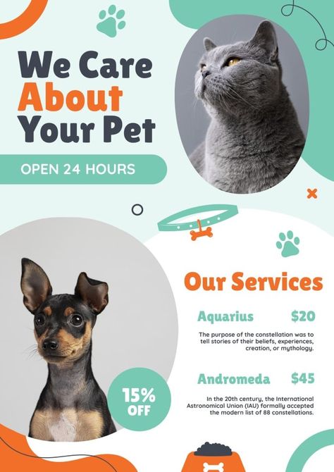 Hand-drawn Veterinary Services Poster Vet Advertising, Pet Poster Design, Vet Pictures, Services Poster, Pet Store Design, Pet Advertising, Cat Medicine, Pet Branding, Poster Design Layout