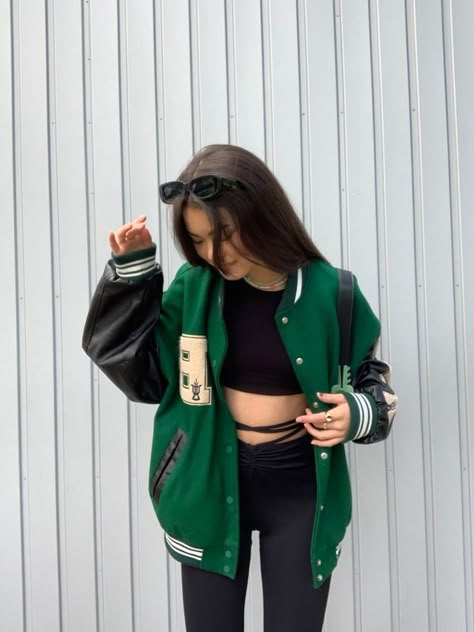 College Jacket, Green Jacket, Black Top, A Woman, Baseball, Sunglasses, Wall, Green, Black