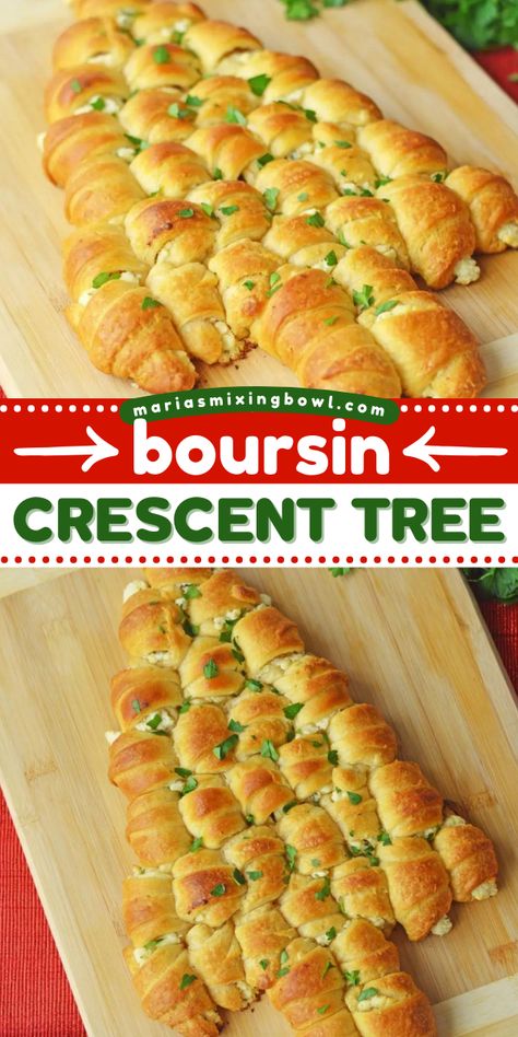 Everyone will love this boursin crescent tree recipe! It's perfect for your Christmas dinner party. Made with crescent rolls and Boursin cheese that are served up as a Christmas tree, this holiday appetizer idea is as beautiful as it is delicious! Garlic Butter Christmas Tree Mozzarella Stuffed Rolls, Boursin Christmas Appetizer, Boursin Christmas Tree Appetizer, Appetizers With Croissants, Croissant Appetizers Finger Foods, Appetizers For Party Crescent Rolls, Crescent Tree Appetizer, Christmas Tree Croissant Appetizer, Boursin Puff Pastry Recipes